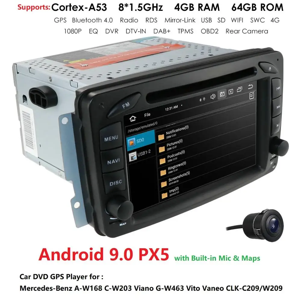 

2din 7" Android 9.0 4G+64G CAR DVD PLAYER For Mercedes Benz W209 W203 W168 W463 Viano W639 Vito Vaneo GPS BT Radio USB SD Canbus