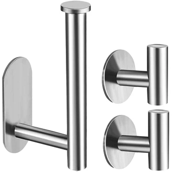 

HTHL-Toilet Paper Holder and Bathroom Towel Hook, Self-Adhesive Bathroom Hardware Set 3-Piece Drill-Free Stainless Steel Round C