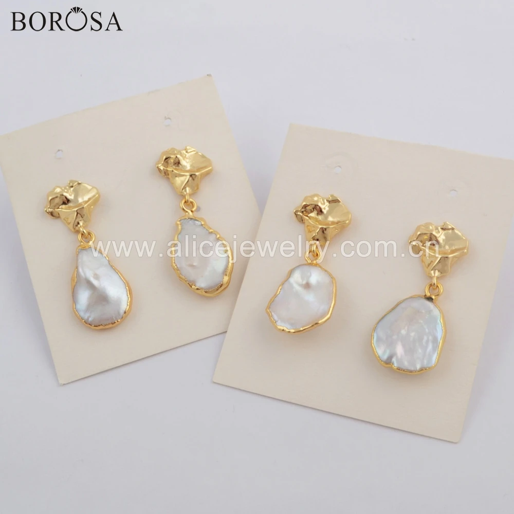 BOROSA, Прямая поставка, позолоченные, произвольная форма, натуральный пресноводный жемчуг, висячие серьги, натуральный жемчуг, висячие серьги, ювелирное изделие для подарка G1780
