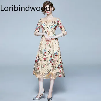 

High Quality Luxury Flower Embroidery Dress Women Slim Fit and Flare Overlay Mesh Dress Female Sexy Party Midi Dress vestidos