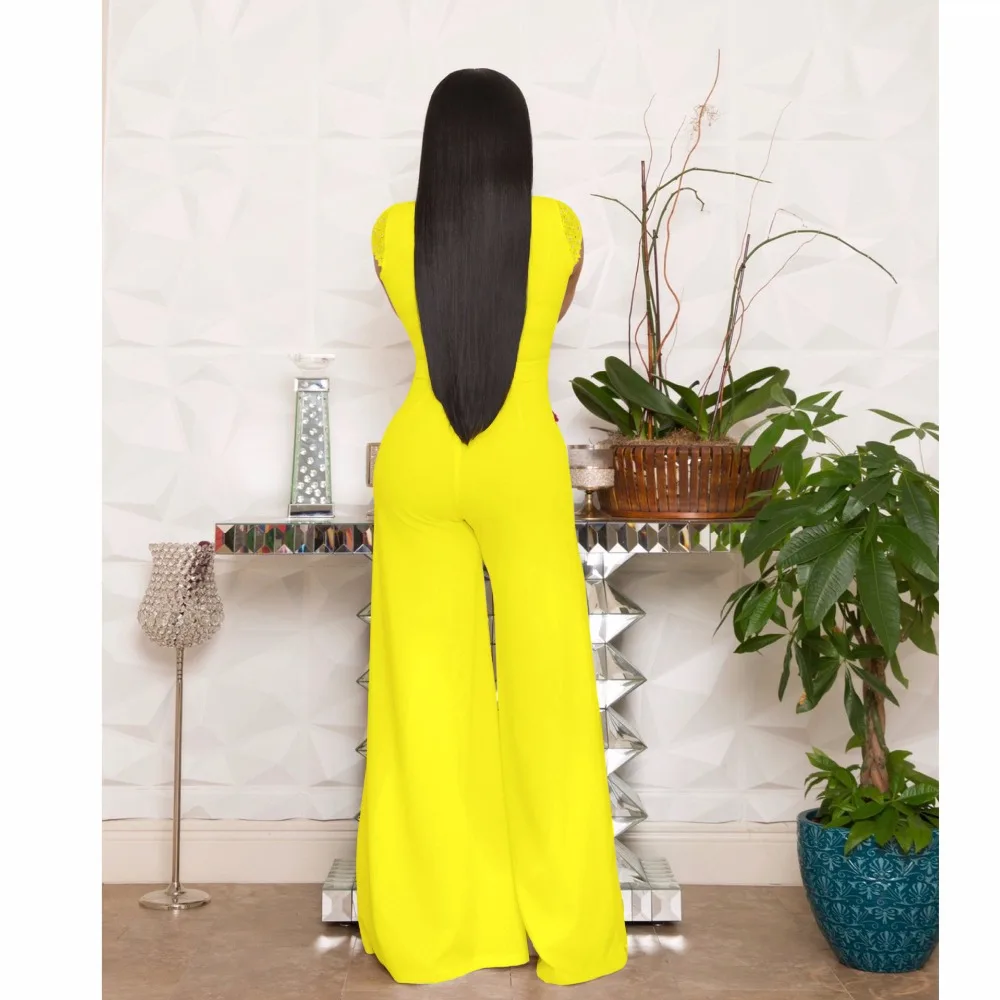 Lemon Gina new Sexy Deep V-Neck Short Sleeve Wide Leg High Waist Sash Bodysuit jumpsuit YM-8429