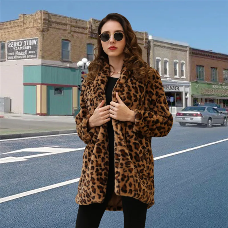 

2020 Women Hot Fashion Coat Skin-friendly Rabbit Fur Leopard Casual Winter Soft Cardigan Jacket Coat Long Sleeve Outwea