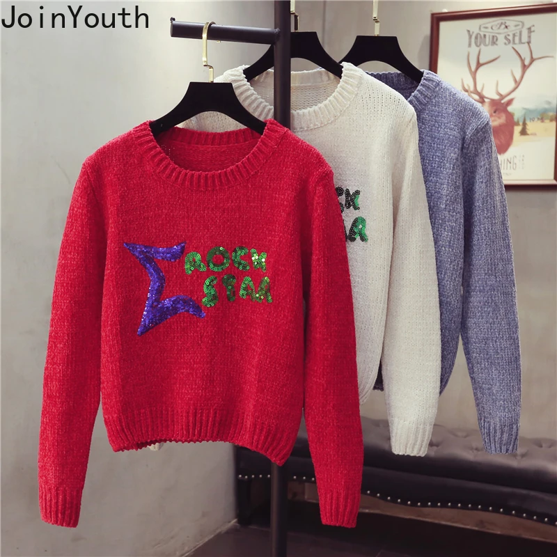 JoinYouth, милые пуловеры, расшитые блестками, в стиле пэчворк, короткие женские свитера, осенне-зимняя одежда, свободные,, Sueter Mujer, короткие, J128