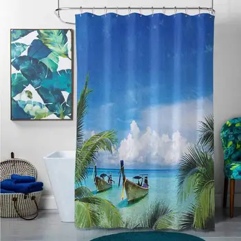 

Shower Curtains Teen Girl Travel,Exotic Hawaiian Beach with Palm Trees and Fishing Boats Paradise Picture, Blue Green