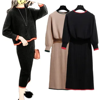 

Plus Size 4XL Fashion Two Piece Set New Elegant Sweater Tops and Skirt Knitted Suits Long Sleeve Pullovers Jumpers