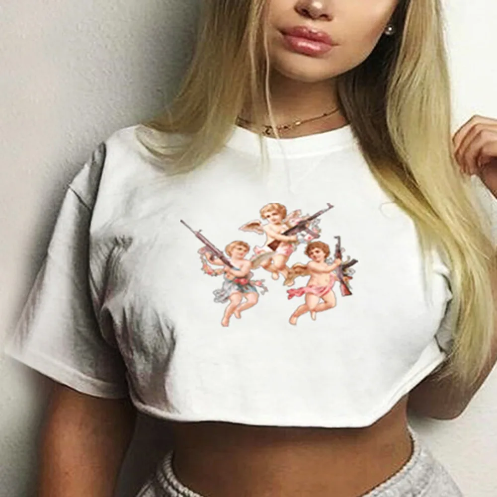 

Fashion Angel Cupid Print Crop Tops 2019 Summer Women Short Sleeve O-Neck Loose T Shirts Tees Female Streetwear