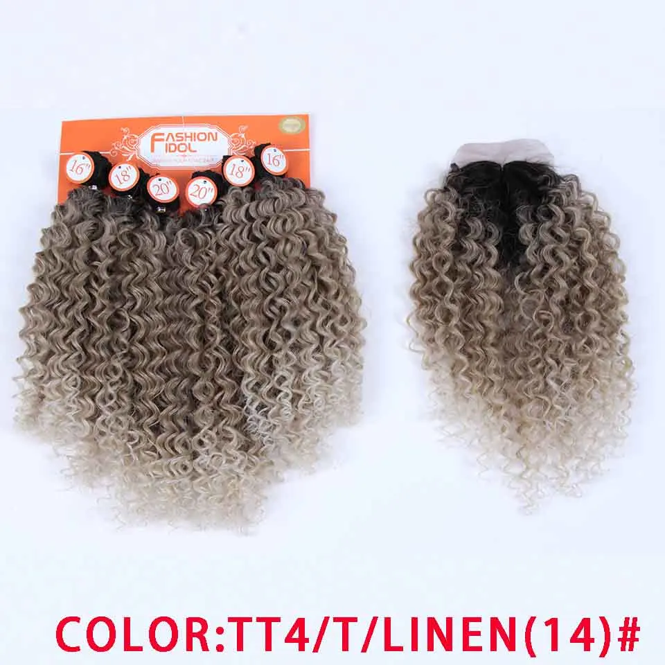TT4-T-LINEN(14) Волшебные афро кудрявые волосы синтетические волосы 16-20 дюймов 7 шт./лот пряди с закрытием Африканские кружева для женщин - Цвет: TT4-T-LINEN(14)