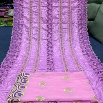 

Newest Bazin riche lace fabric Pink color High quality african bazin lace with net lace 5+2 yards Embroidery and stones