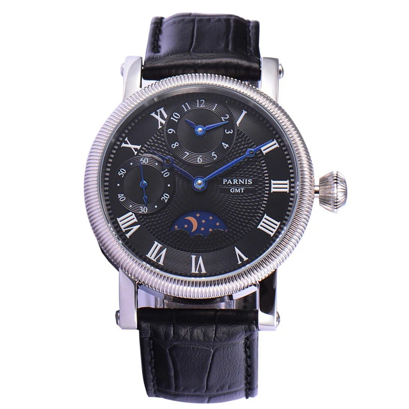 

Parnis 42mm Handwind Mechanical Watches Men Wrist Stainless Steel Case Leather Strap Waterproof GMT Watches Men