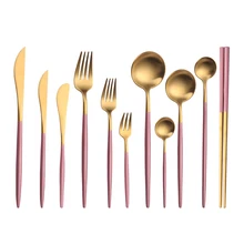 Cubiertos dorados mate con mango rosa, cuchillo de comedor, cuchara, tenedor con palillos, ensalada, postre, cuchara, 1 ud.