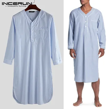 

INCERUN Men Fashion Striped Sleep Robes Long Sleeve V Neck Buttons Nightclothes Man Casual Pockets Breathable Pajama Bathrobes 7