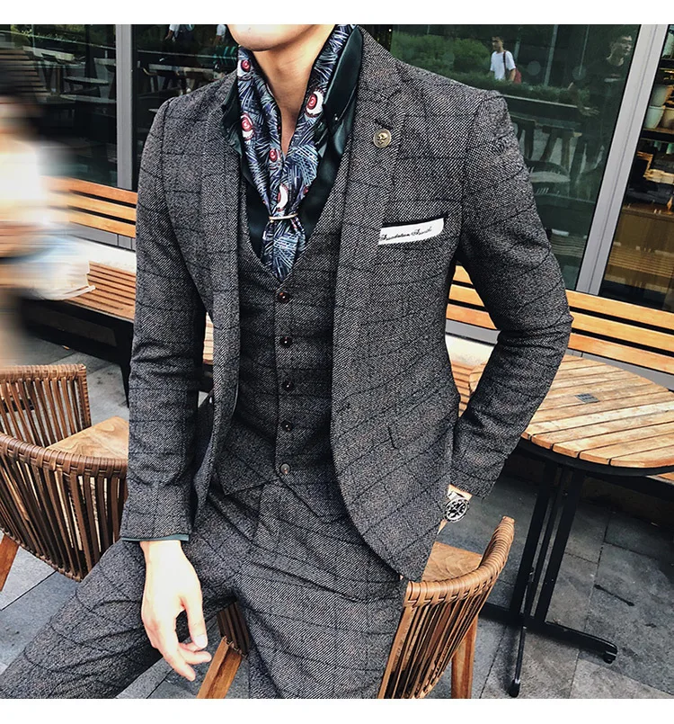 Autumn And Winter Plaid Suit Men's British Wind Wedding Wool Three Sets Of Korean Slim Thick Small Suit Handsome