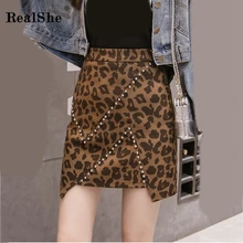 RealShe женские юбки Высокая талия леопардовый принт заклепки прямая женская юбка осень Повседневная Jupe Femme женские юбки плюс размер