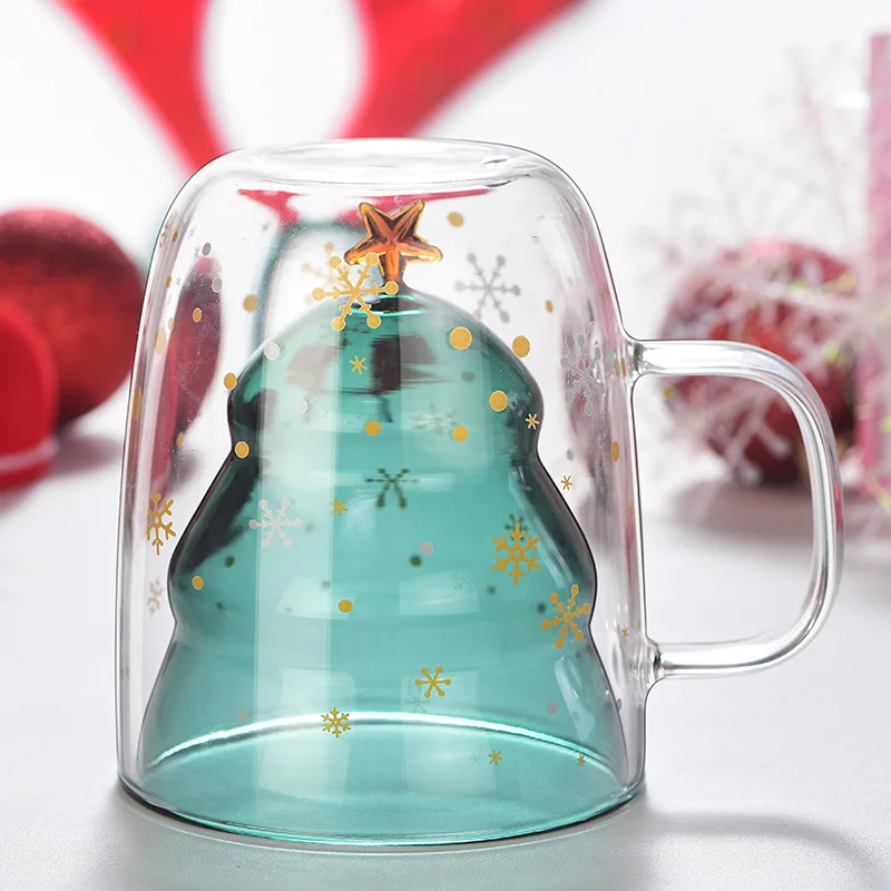 

Brand 300ml Colorful Snowflake Christmas Tree Double Layer Glass Mug Heat Insulating Handle Cup Resistant Milk Tea Coffee Drinks