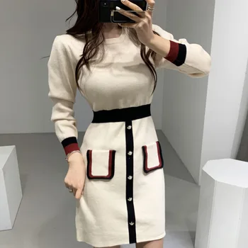 

Spring White Panelled Bodycon Knitted Dress Elegant O-Neck High Waist Long Sleeve Mini Dress False Pocket Decoration Official