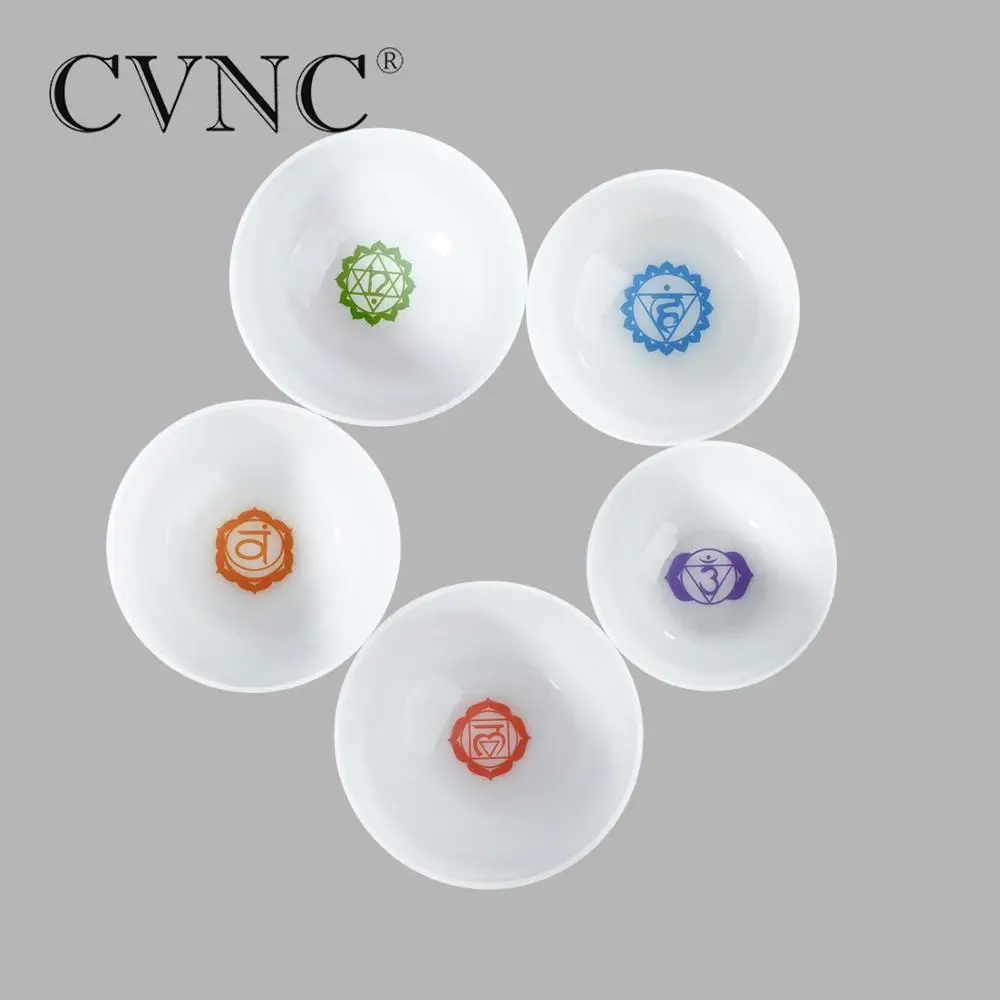 

CVNC Chakra tuned set of 5pcs Note C# D# F# G# A# 6" - 10" Frosted Quartz Crystal Singing Bowl