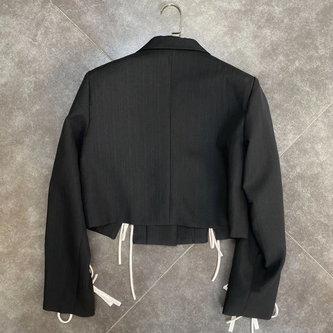 Spring Autumn Long Sleeve Notched Collar Lace Up Short Jacket Women Vintage Retro Gothic Goth Blazer Women Coat Cropped Tops
