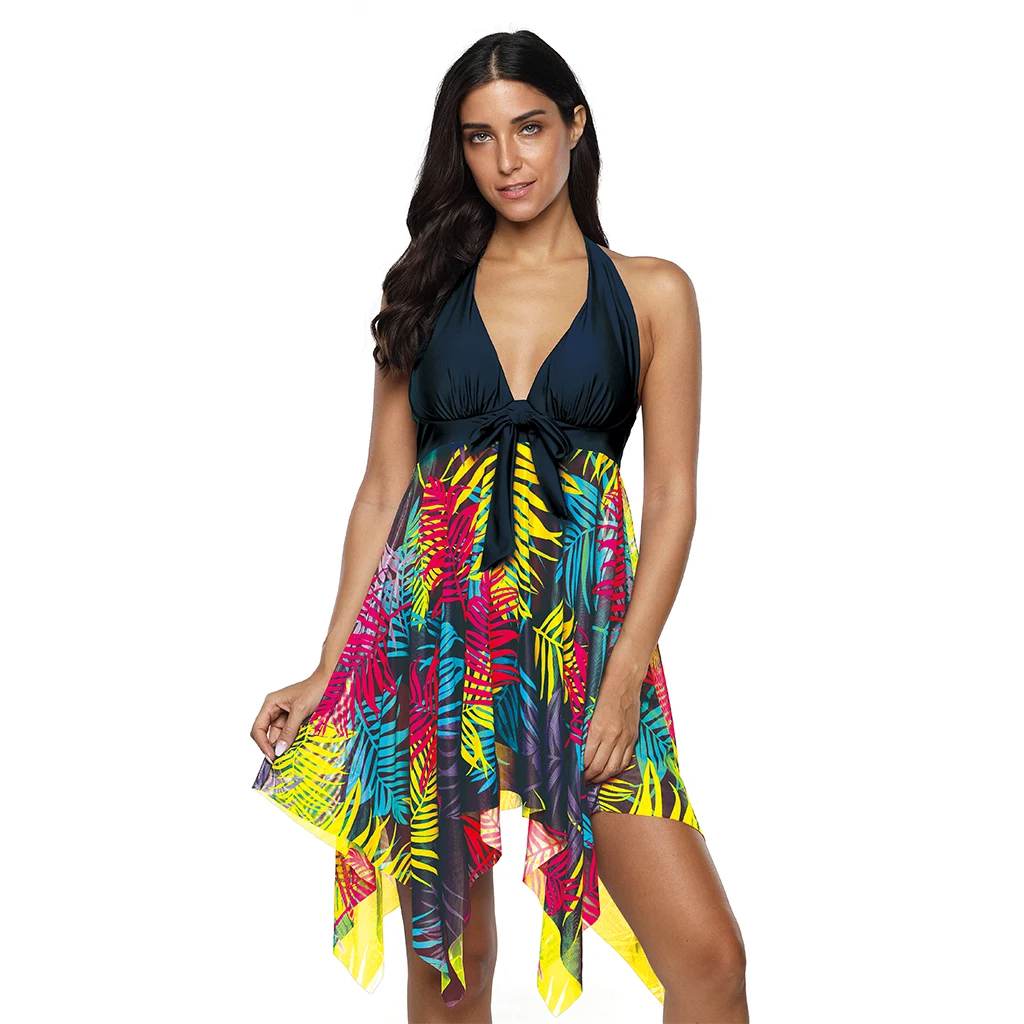 Cena Damskie liście leśnych drzew drukowanie głębokie V Neck Halter Bikini Set Sexy Tankini Push Up stroje kąpielowe stroje kąpielowe Plus rozmiar XL 5XL