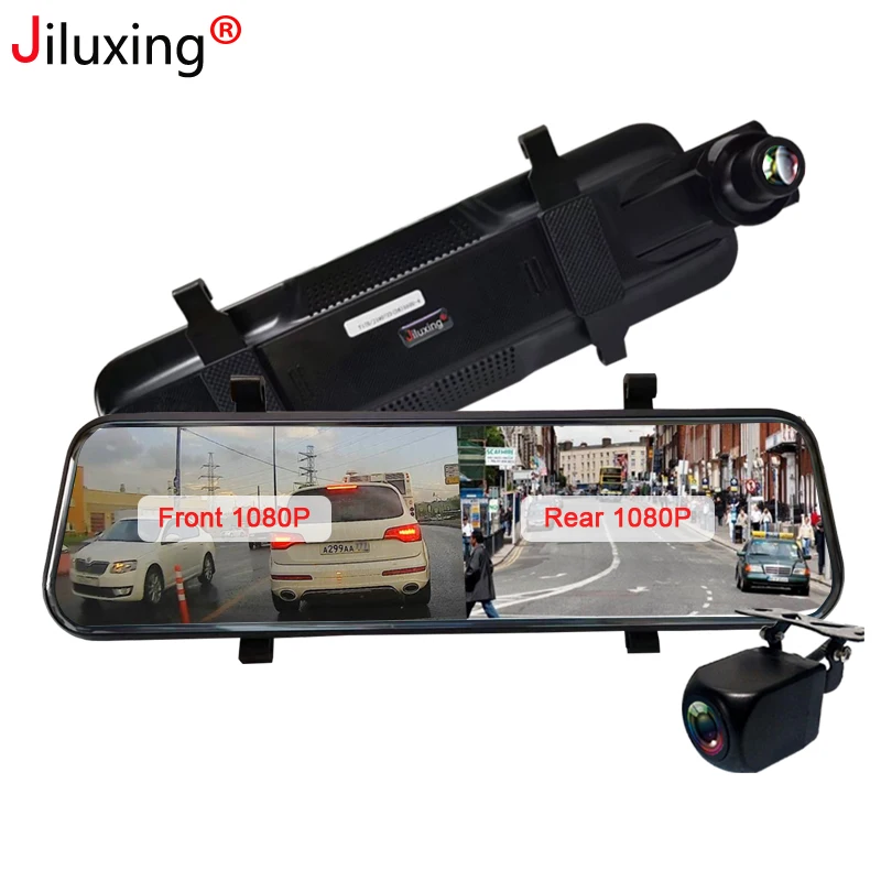 Jiluxing 1" FHD 1080P Автомобильный видеорегистратор с функцией ночного видения автомобильные камеры зеркало двойной объектив Авто видео рекордер сенсорный экран зеркало заднего вида