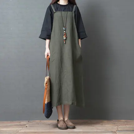 

2019 Spring New Style Korean-style Loose And Plus-sized WOMEN'S Dress Versitile Fashion Flax Solid Color Suspender Skirt