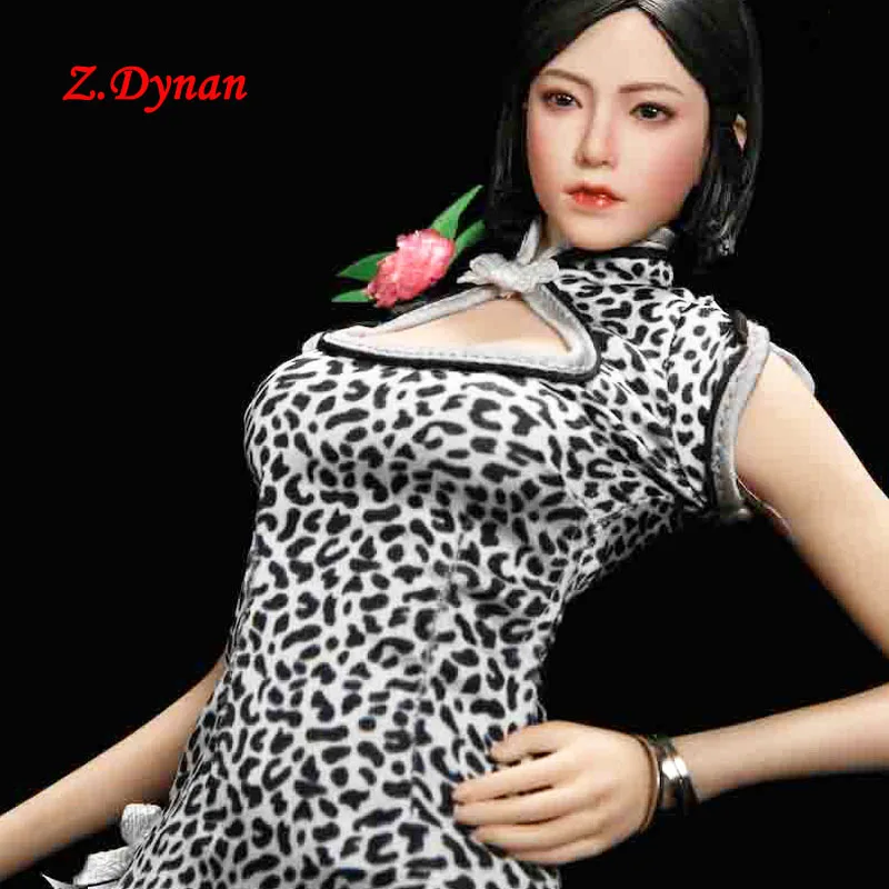 

YMT047 TBLeague 1/6 Chinese Girl suntan Head Sculpt Leopard cheong slit dress Set for 12" Action Figure Model S12D women doll