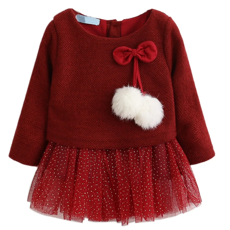 Girls Dress Autumn Long Sleeve Patchwork Plush Ball Bow Tulle Dresses Kids Clothes