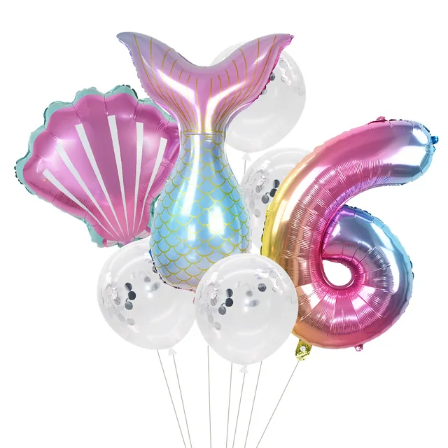Little Mermaid Party Balloons 32inch Number Foil Balloon Kids Birthday Party Decoration Supplies Baby Shower Decor Helium Globos 7pcs number6 set