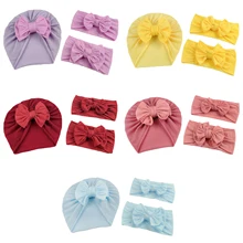 

OPPERIAYA 3PC Baby Girls Cotton Autumn Headband and Turban Hat Solid Color Cap and Headdress with Decorative Bow Knot