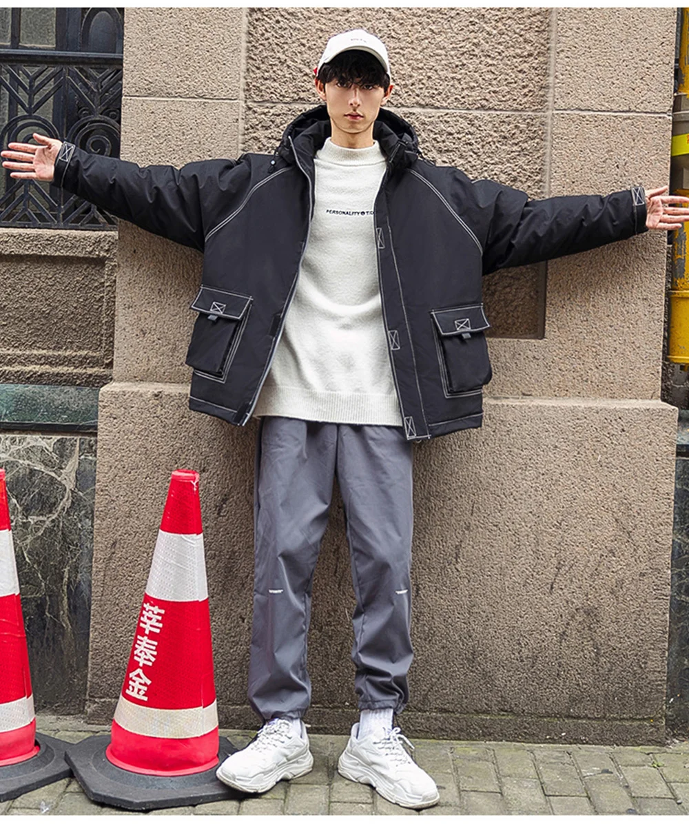 New Winter Down Jacket White Duck Down Hooded Line Loose Cotton Coat Tooling Jacket B1012 G