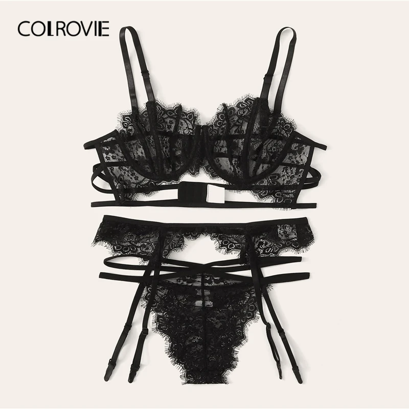 COLROVIE, комплект нижнего белья с цветочным кружевом, женское черное нижнее белье,, сексуальные комплекты, цветочный бюстгальтер и стринги, Женский комплект с бюстгальтером