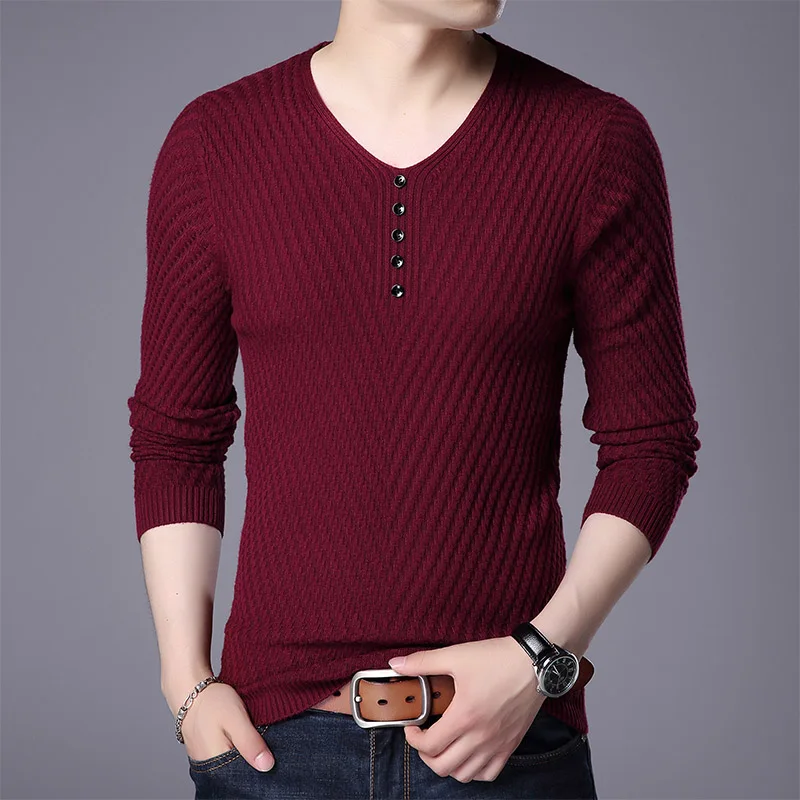 AIRGRACIAS свитер мужской Повседневный пуловер с вырезом в виде буквы V Мужская Осенняя приталенная рубашка с длинным рукавом мужские свитера вязаный шерстяной пуловер - Цвет: Красный