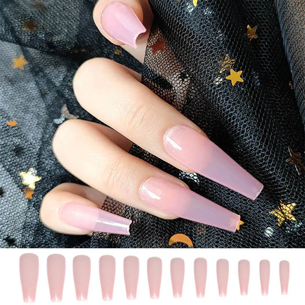 20pcs/Box Clear Pink Full Cover Manicure Tool Long Coffin Nail Tips Fake  Nails Wearable Ballerina False Nails|False Nails| - AliExpress