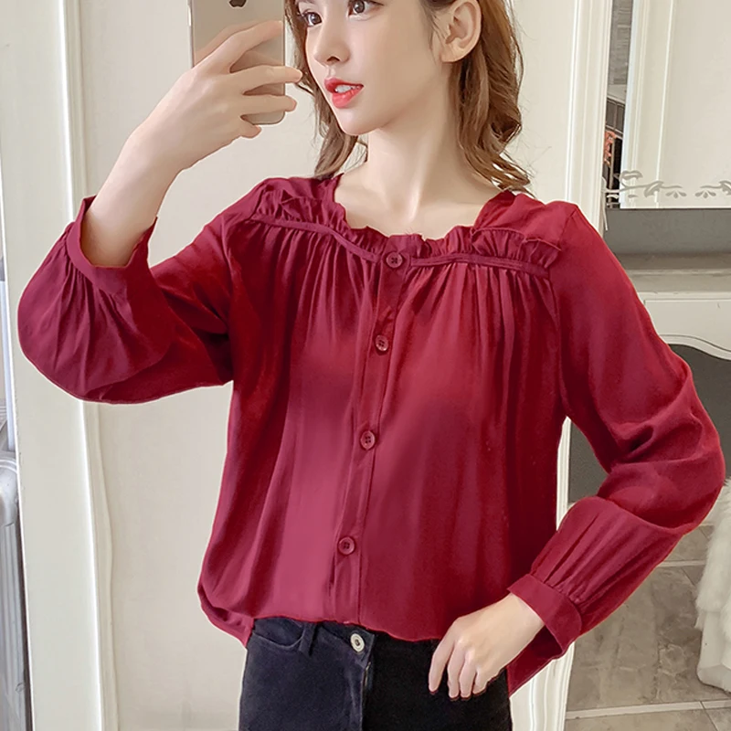 Women Top 2019 Autumn Women Blouses New Vintage Blouses Shirts Women's Square Collar Ruffle White Blouse Womens Clothing 515A6