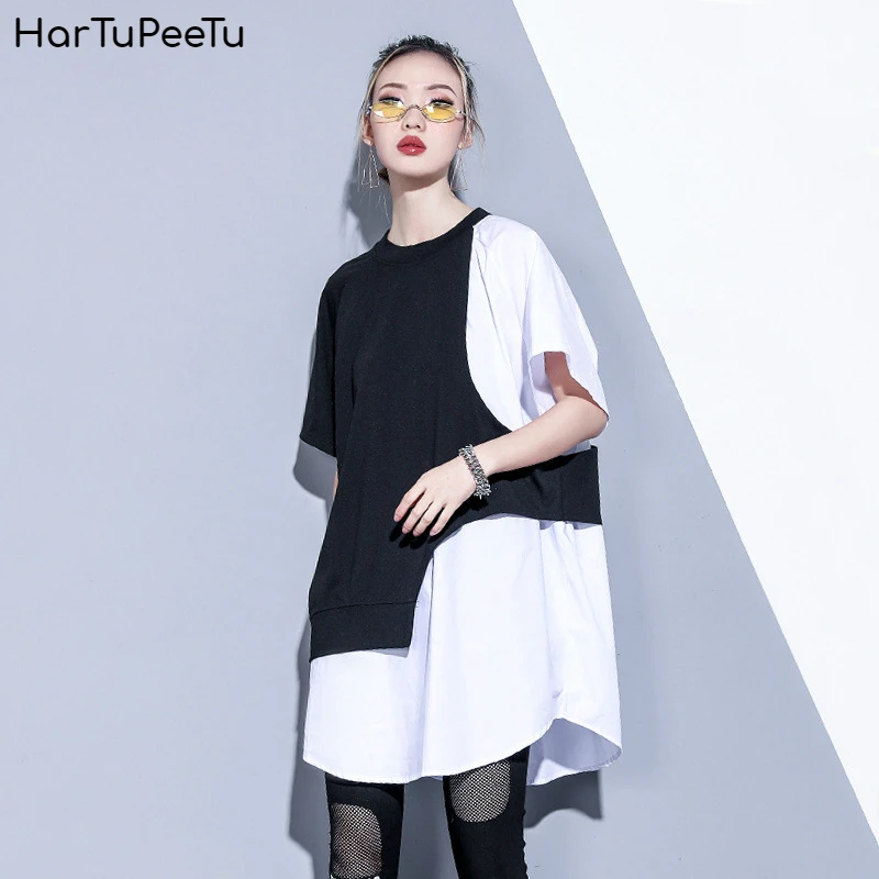 

Women Oversize Tshirt Dress White Black Pullover Summer Tops 2020 Boyfriend Patchwork Plus Size Loose Casual Irregular T Shirt