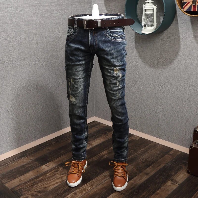 Italian Style Fashion Men Jeans Retro Wash Black Blue Slim Fit Ripped Jeans Men High Quality Streetwear Vintage Designer Jeans Italian Style Fashion Men Jeans Retro Wash Black Blue Slim Fit Ripped Jeans Men High Quality Streetwear Vintage Designer Jeans