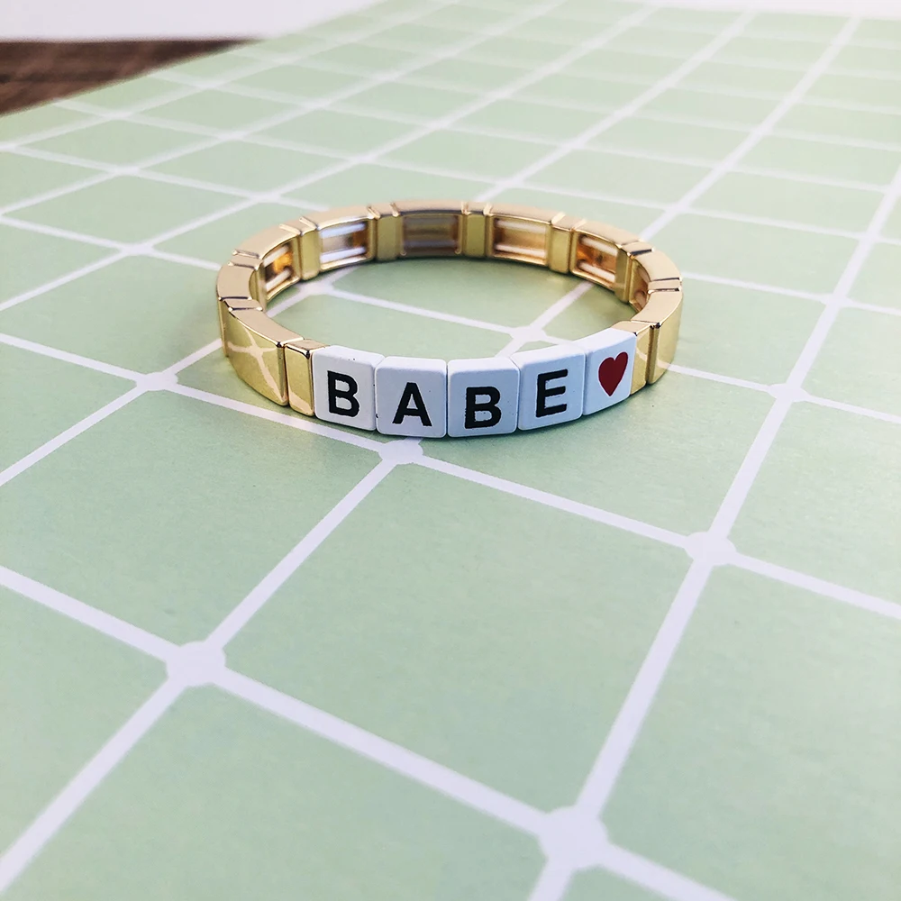 BABE Дизайн настраиваемые буквы любовь Радуга браслет для женщин Штабелируемый эластичный браслет плитка браслеты подарки лучшим друзьям - Окраска металла: BABE