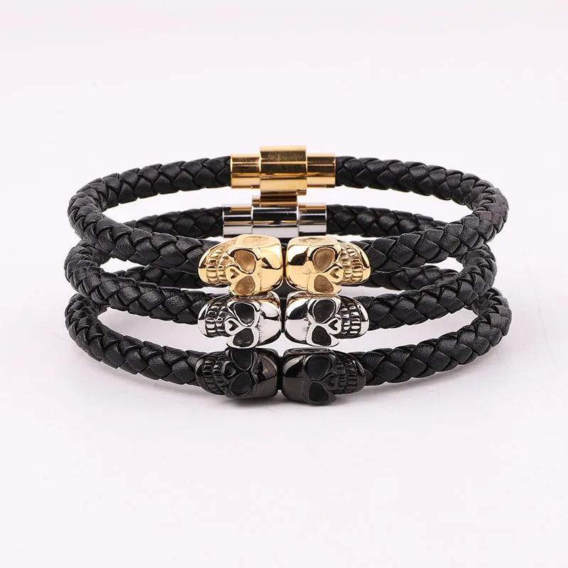 High Quality Punk 316L Stainless Steel Skull Charm Real Genuine Leather Bracelet Men Jewelry Gift