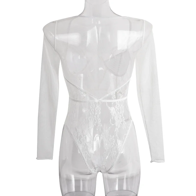 Cryptographic Long Sleeve Mesh Lace Bodysuit 2019 Autumn Hollow Out Sheer Teddies Sexy Jumpsuits Slim Fashion Body Club Bodysuit