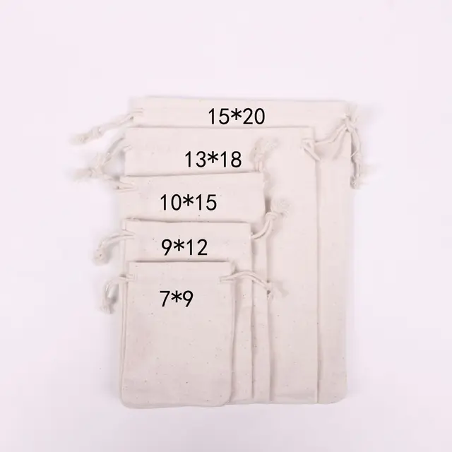 100Db/Tétel Természetes Pamut Táskák 7X9 9X12 10X15 13X18 15X20Cm Húzózsinós Tasakok Otthoni Tárolózsákok Csomagoló Táska Egyedi Logó