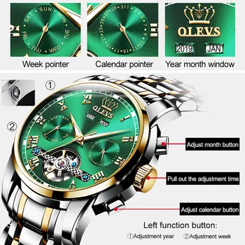 OLEVS Automatic Mechanical Men Watches Stainless Steel Waterproof Date Week Green Fashio Classic Wrist Watches Reloj Hombre 6