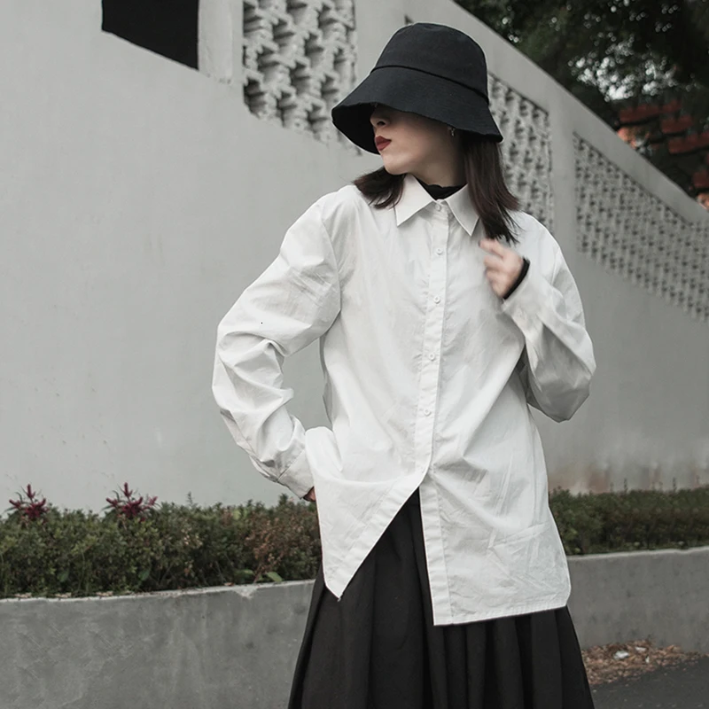 [EAM] Women White Cotton Temperament Blouse New Lapel Long Sleeve Loose Fit Shirt Fashion Tide Spring Autumn 1K492
