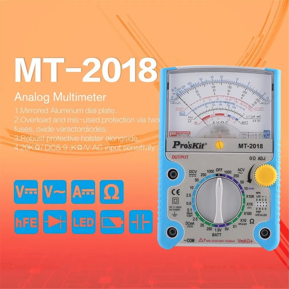 Proskit MT-AC/DC Аналоговый граф Указатель мультиметр Амперметр Сопротивление Емкость диод Вольт Ампер Ом hFE светодиодный измеритель