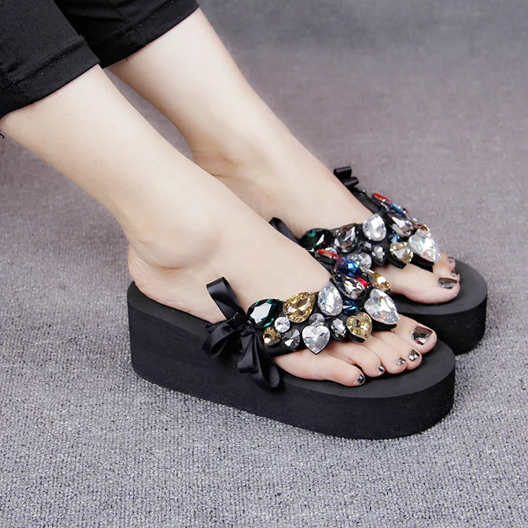 2019 Summer New Luxury Crystal Slippers Bow Womens Cheap Black Platform High Heels Comfortable Flip Flops Shoes Discount50