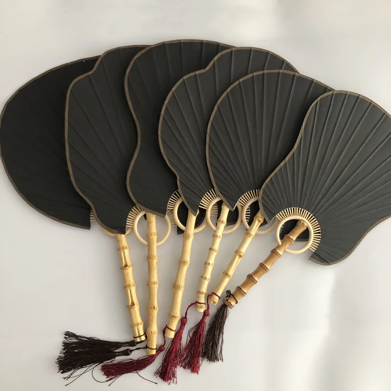 

10pcs Black Blank Handle Fan Rice Paper Traditional Craft Chinese Hand Fan Vintage DIY Bamboo Root Lantern Round Fan