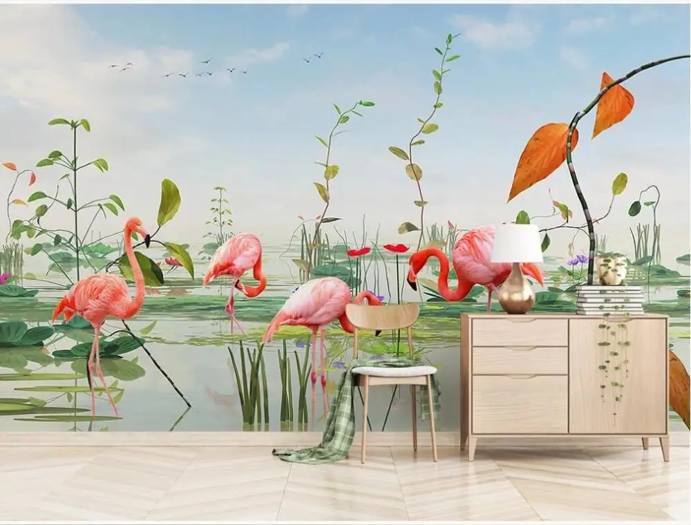 XUE SU Custom wall covering modern minimalist small fresh lotus pond plant flamingo TV background wall painting wallpaper plants for the people a modern guide to plant medicine