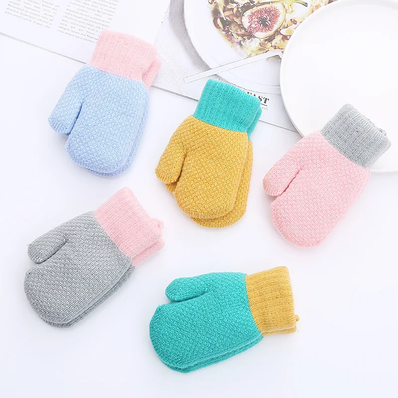 1-3 Years Baby Mittens Kids Girl Boy Winter Warm Gloves Cute Solid Full Finger Mitten Knitted Thicken Halter Gloves fashion women plush cat paw gloves winter faux fur cute cat claw fingerless mittens glove soft keep warm mitten for women girls