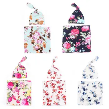 

2PCS Newborns Soft Floral Printed Blanket Knotted Hat Set Infants Wrapped Towel new