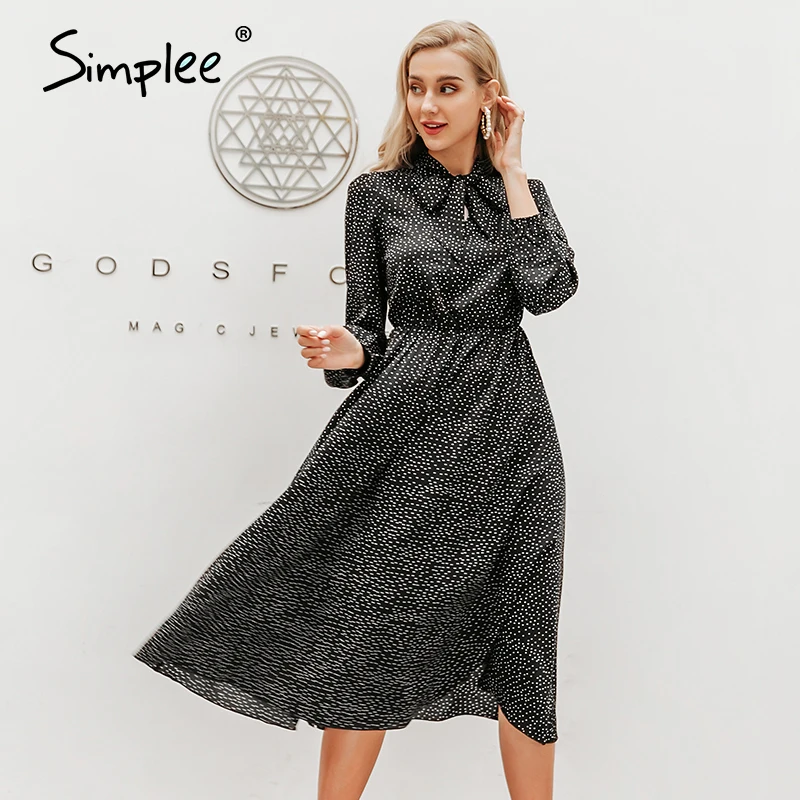 Online Simplee elegante polka dot mujer vestido linterna manga Oficina señoras arco atado trabajo vestidos largos línea a mujer damas vestidos de fiesta