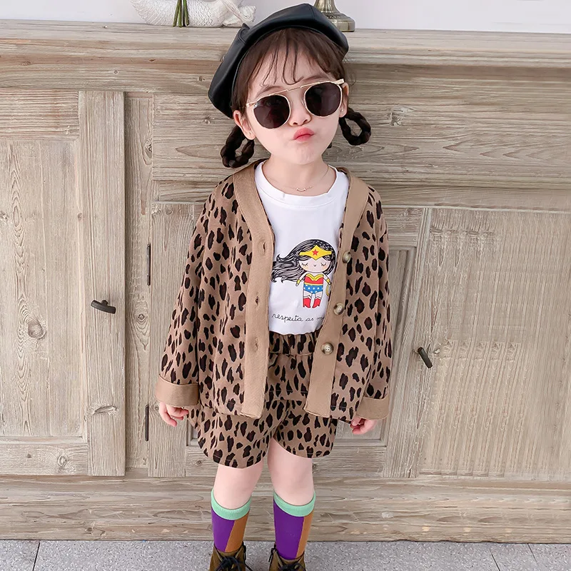 Детская одежда спортивный костюм из бутика, коллекция года, новая модная Милая одежда в Корейском стиле для девочек Детский комплект с шортами с леопардовым принтом