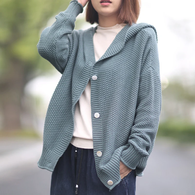 Johnature корейский Повседневный СВОБОДНЫЙ Модный Универсальный вязаный свитер с капюшоном кардиган осенний простой удобный женский свитер